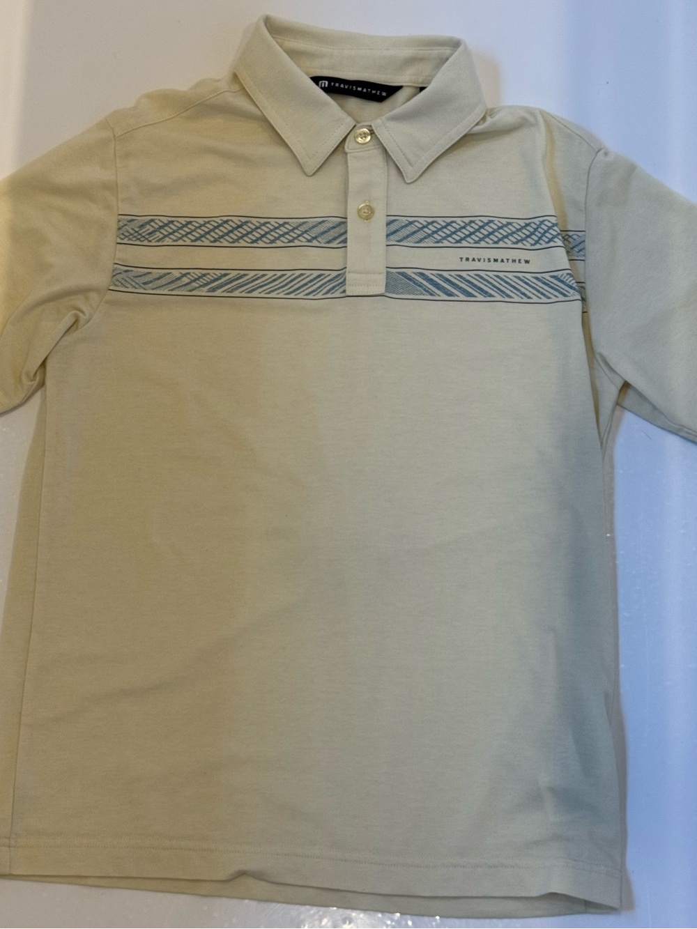 TravisMathew Boys Youth Medium Yellow Polo Shirt Blue Geometric Stripe
